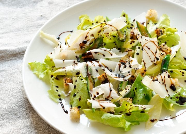 Spring Caesar Salad with baby Asparagus and Balsamic Vinegar